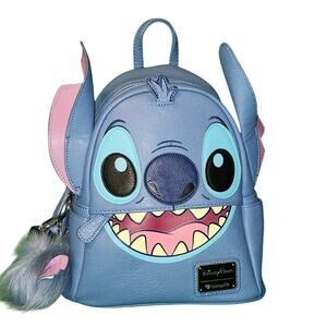 Disney Parks Loungefly Stitch Backpack with Furry PomPom Keyring EUC